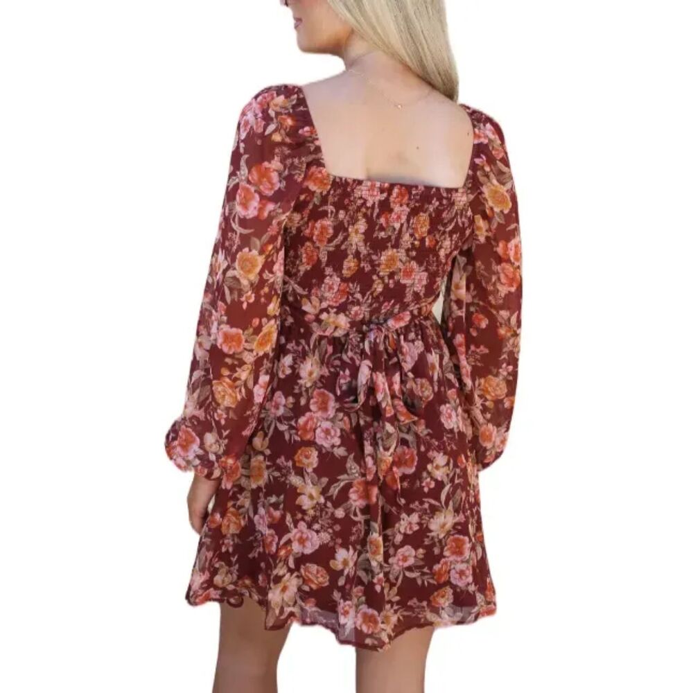 By The River Red Pink Roses Boho Elastic Lined Short Dress Women's Medium